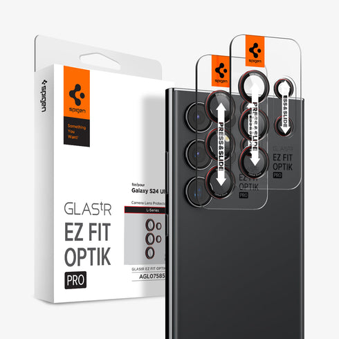 AGL07425 - Galaxy S24 Ultra Optik Pro EZ Fit Lens Protector in Black showing the camera lens protector hovering above another lens protector tray and device showing back